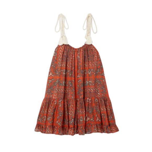 Ulla Johnson Trula Tiered Mini Dress Womens P XS Orange Floral Tassels Rope Boho - Picture 1 of 14